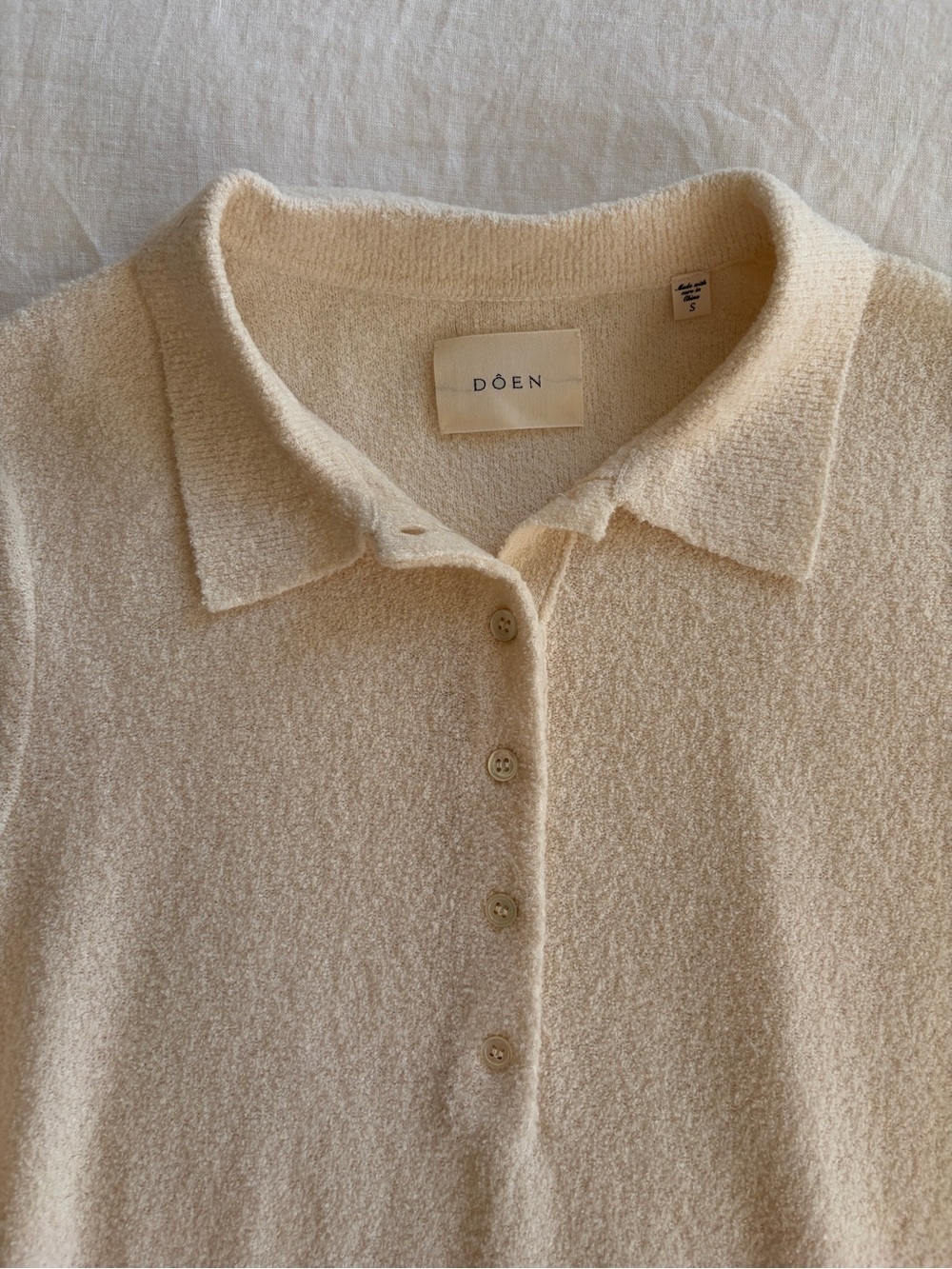 Doen Artie Merino Boucle Collar Polo Button Short Sleeve Knit Top Ivory Cream - Picture 9 of 15